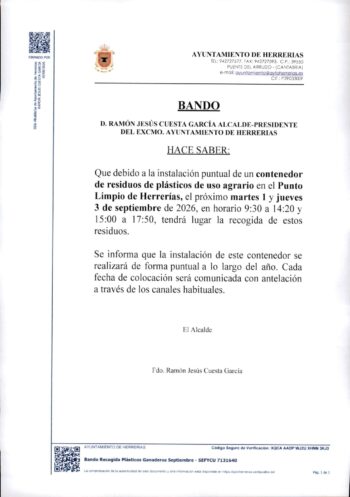 Contenedor plásticos ganaderos. 1 y 3 de septiembre en el Punto Limpio de Herrerías